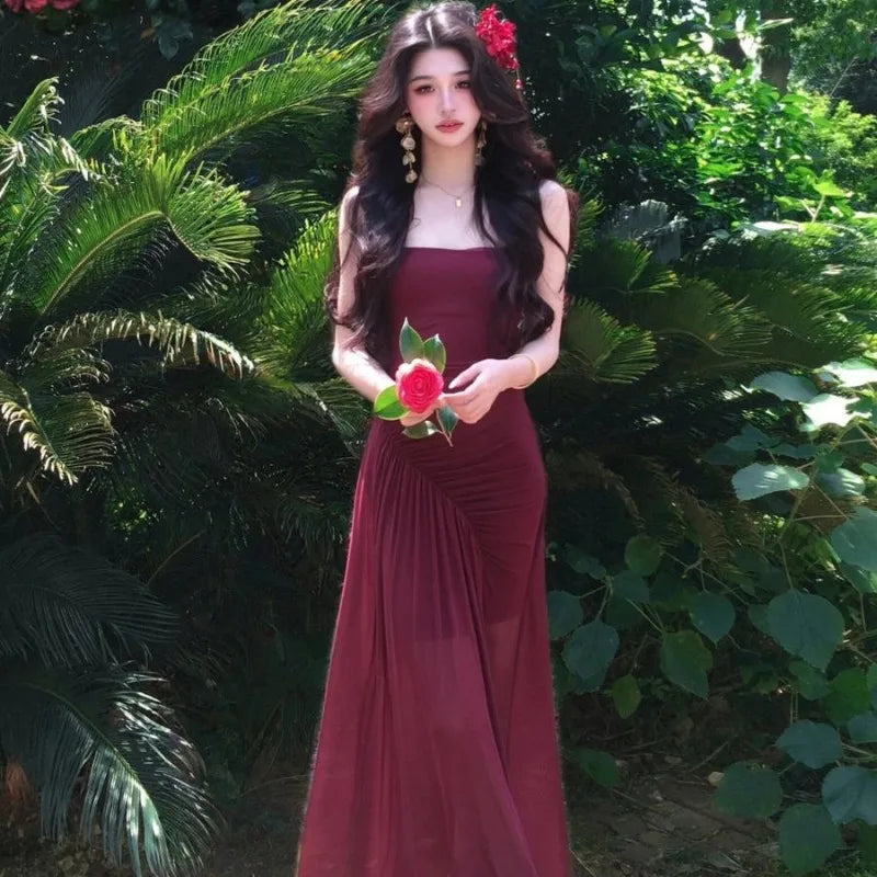 Hnewly  Woman Dress Sexy Sleeveless Slash Neck Elegant Holiday Split Summer Fashion Vintage Sexy Ladies Dresses Female Chic