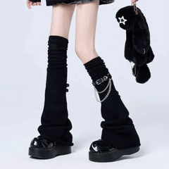 Hnewly  New Buckle Knitting Leg Warmers Over Knee Length Black Thigh High Socks Y2k Breathable Flare Long Leggings Girls