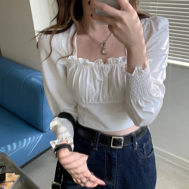 Hnewly Long Sleeve Blouse Women Sexy Ladies Sweet Square Collar Plaid New Design Korean Fashion Slim Casual Edible Tree Fungus Hot Sale