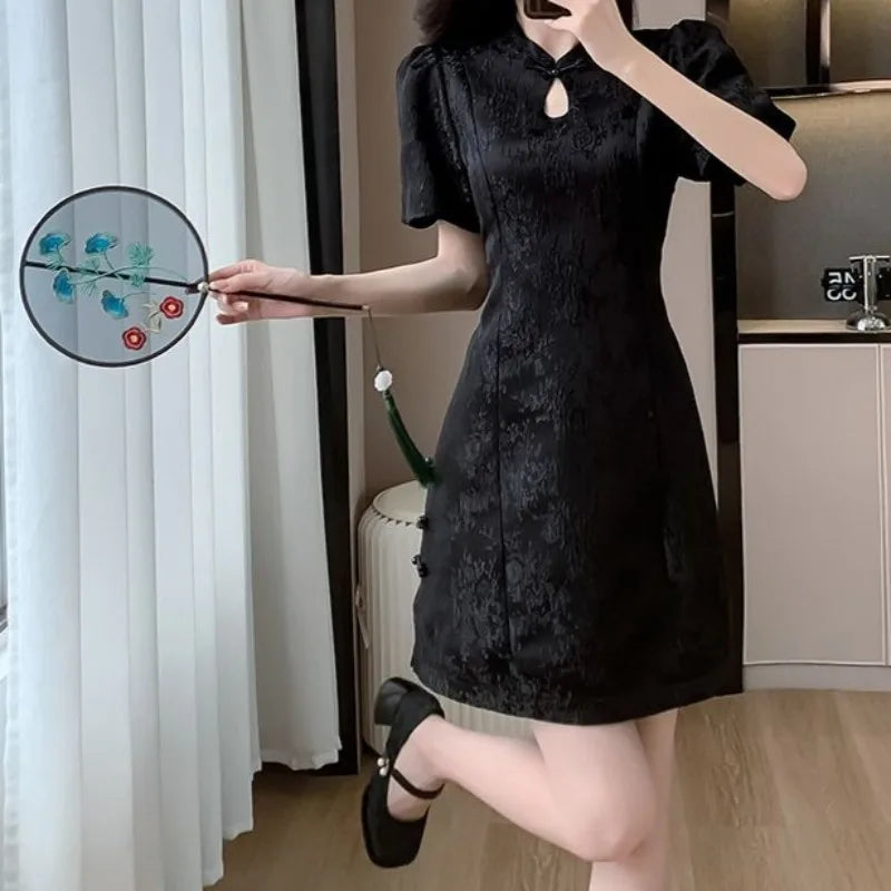 Hnewly  Spring Summer Dresses Woman Chinese Style Vintage Elegant Mini Dress A-line Fashion Short Sleeve Vestidos Mujer