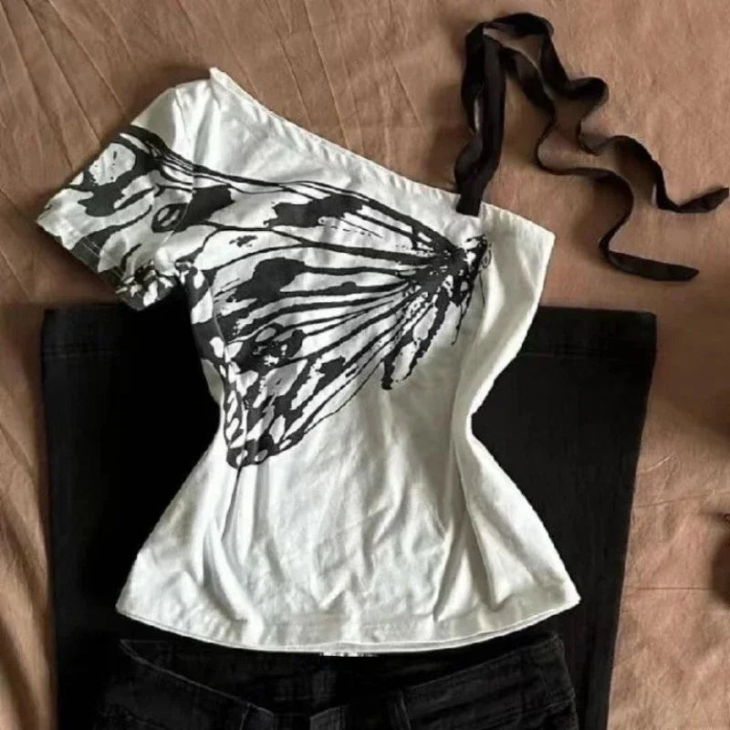 Hnewly Summer Fake Two Pieces Halter Bandage Vintage T-shirts Y2k Aesthetic Slim Crop Tops Women Grunge Print Harajuku Casual Sexy Tee