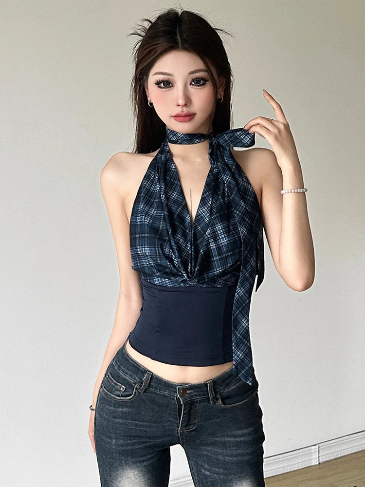 Hnewly Korean Fashion Sleeveless Tank Tops Women Vintage Plaid Y2k Crop Top Female Casual Outdoors Backless Blouse Chic Streetwear
