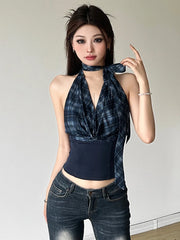 Hnewly Korean Fashion Sleeveless Tank Tops Women Vintage Plaid Y2k Crop Top Female Casual Outdoors Backless Blouse Chic Streetwear