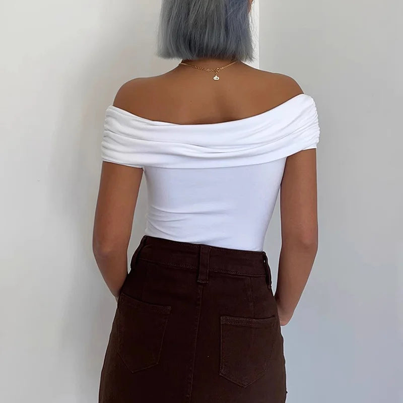 Hnewly Black Off Shoulder Elegant Short Tops Side Pleated Fashion Slim Sexy Cropped T Shirt Women Summer Y2k Clothing Skinny Top