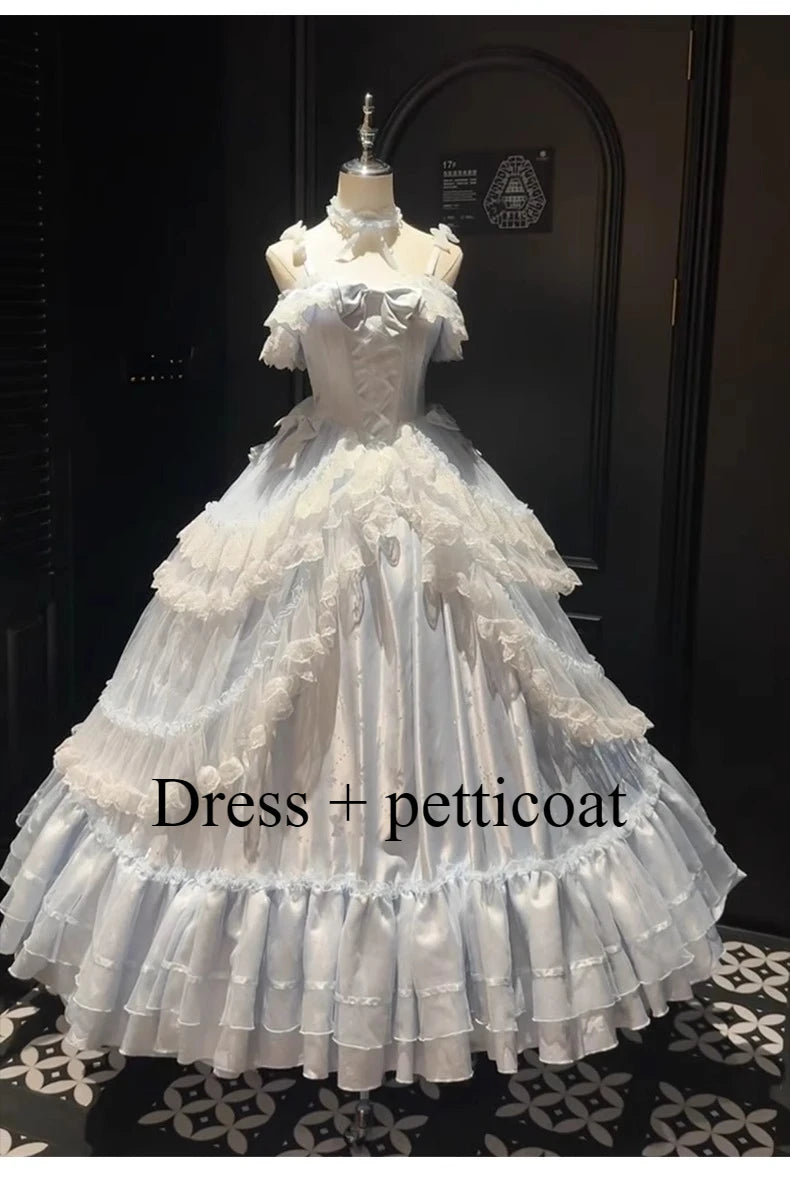 Hnewly  Blue Dress Flower Wedding Lolita Evening Dress Female Lace Bow Banquet Student Bar Mitzvah Sweet Gorgeous Jsk Princess Dress
