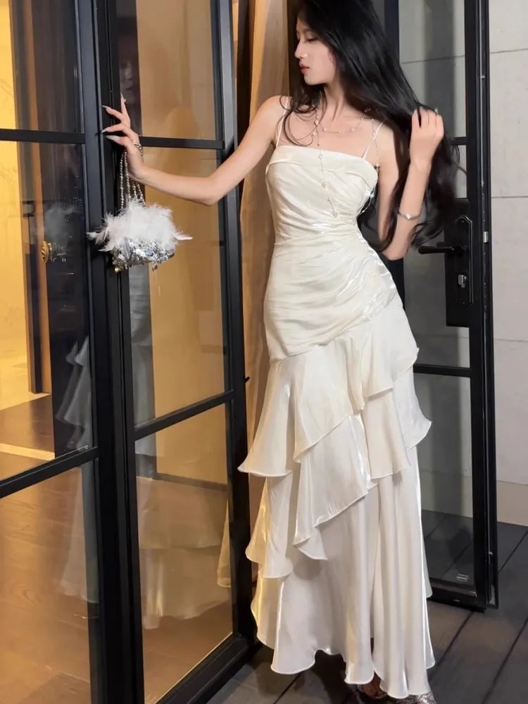 Hnewly Summer Spaghetti Strap Elegant Chic Women's Long Dress Slim A-Line Pleated Party Prom Dresses French Sling New Mujer Vestidos