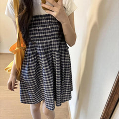 Hnewly  Korean Elastic High Waist Plaid Skirt Women Summer Patchwork Sleeveless A Line Dress Woman Chic Pleated Midi Skirts Female