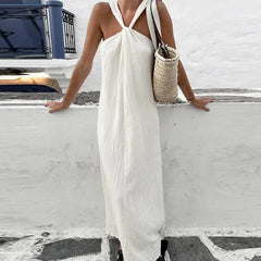 Hnewly  All-match Comfortable Beachy Women's Clothing Summer Solid Color Pullover Chiffon Halter Ankle Skirts Office Lady Dresses