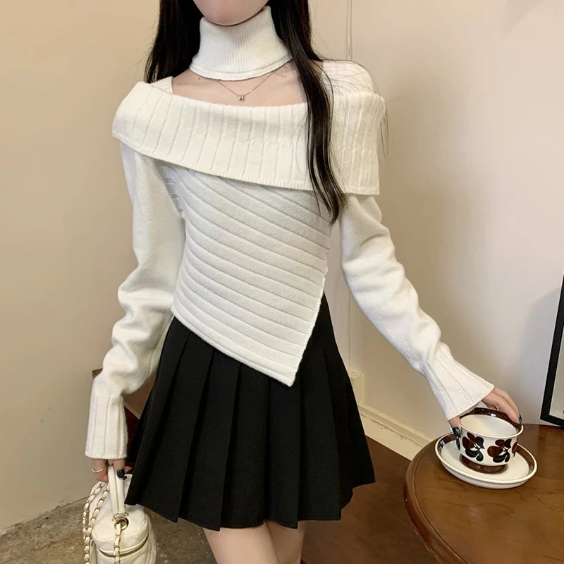 Hnewly Sweater y2k Clothes Women Coquette Off Shoulder Long Sleeve Irregular Hem Knitted Halter Tops 2000s Clothing Streetwear