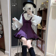 Hnewly  2-Piece Set Gothic Lolita Women's Matching Sets Spring New Japanese Subculture Women's Large Size Long Sleeve Dress Short Set