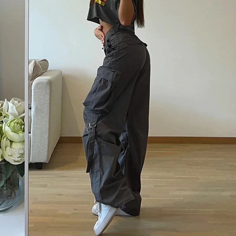Hnewly Streetwear Basic Buckle Cargo Pants Women Solid Straight Leg Big Pockets Baggy Trousers All-Match Y2K Sweatpants Chic