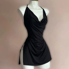Hnewly Backless Bandage Dress Sexy Girl Black V Neck Elegant Irregular Slim Sweet Korean Women Mini Dresses 2025 New Fashion Nightclub