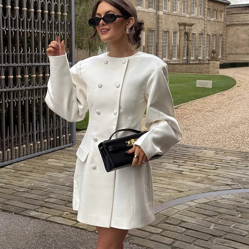 Hnewly  Elegant Double Breasted Short Dress Women O-neck Long Puff Sleeve Female Blazer Dresses Spring Lady Commute Party Robes