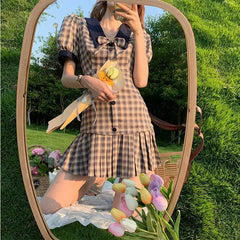 Hnewly  Vintage Plaid Printed French Style Casual Sweet Chic Bow Pleated Sexy Dresses for Women Summer Puff Short Sleeve Club Mini Dress