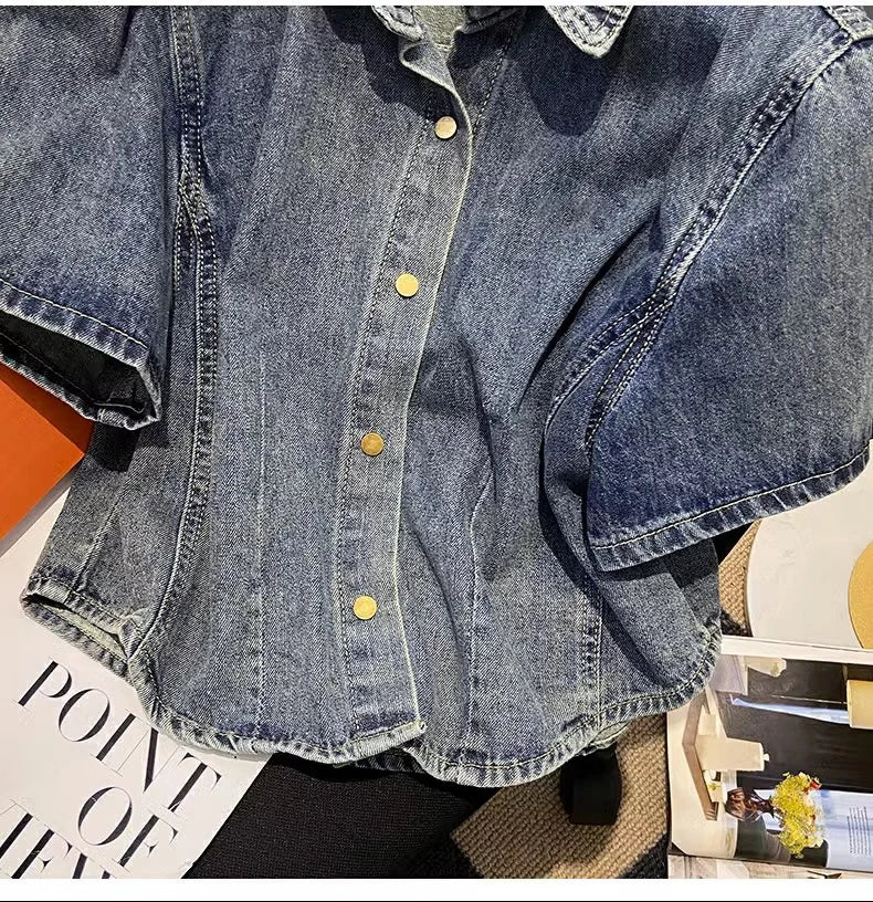 Hnewly  Retro Denim Jacket Women's 2025 Summer New Loose Versatile Short Sleeved Top Large Size Single Breasted Turndown Collar Shirt
