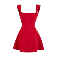 Lunivop  Summer Ballet Style Red Slash Collar Short Sleeve Backless Dress Women U Back Low Waist A-lined Swing Mini Dresses Party Robe