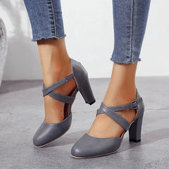 Hnewly  Women High Heels Shoes  Autumn New Round Toe Chunky Heel Casual Platform Women's Shoes Female Belt Buckle