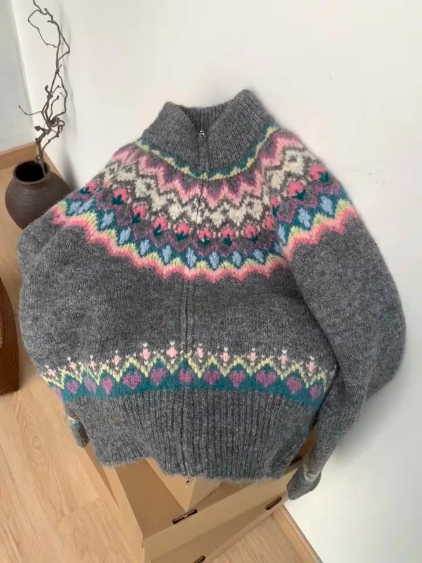 Hnewly  Women Fair Isle Sweater Cardigan Cute Pink Cozy Chunky Knit Collared Zip-up Sweater Jacket Teen-girl Fall Winter 90s Outfit