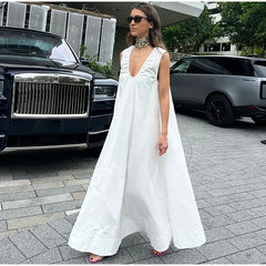 Hnewly  Loose White Holiday Long Dress Women Elegant V-neck Sleeveless Backless A-line Beach Dresses Summer Lady Casual Chic Robes