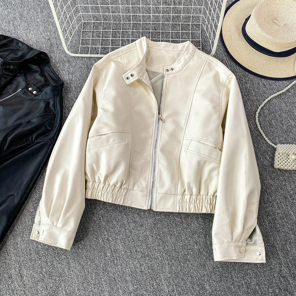 Hnewly  Retro Chic pu Leather Jacket Women's 2025 Spring Autumn Fashion Lapel Versatile Windproof Sweet&Cool BF Style Female Outerwear