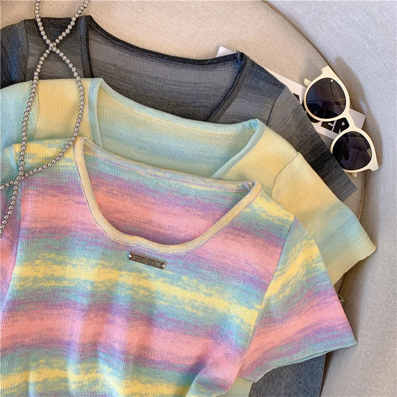 Hnewly  Contrast Striped T-shirt For Women's Summer Knitted Short Sleeved Tee  Cool Girls Fashion High Street Square Collar Short Top