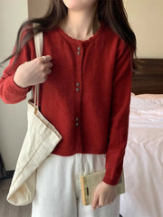 Hnewly  Sweet Short Hollowed Out Sweater Chic Buttons Long Sleeved Knitted  Cardigan Jacket Korean series Round Neck Loose Top