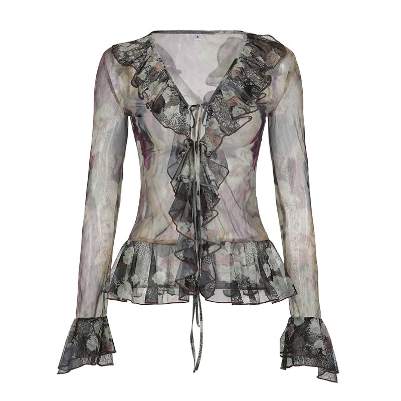 Hnewly Vintage Transparent Crop Top with Slit 90s Mesh Print Ruffles Patchwork Full Sleeve Bandage Women T-shirt Grunge y2k Tees