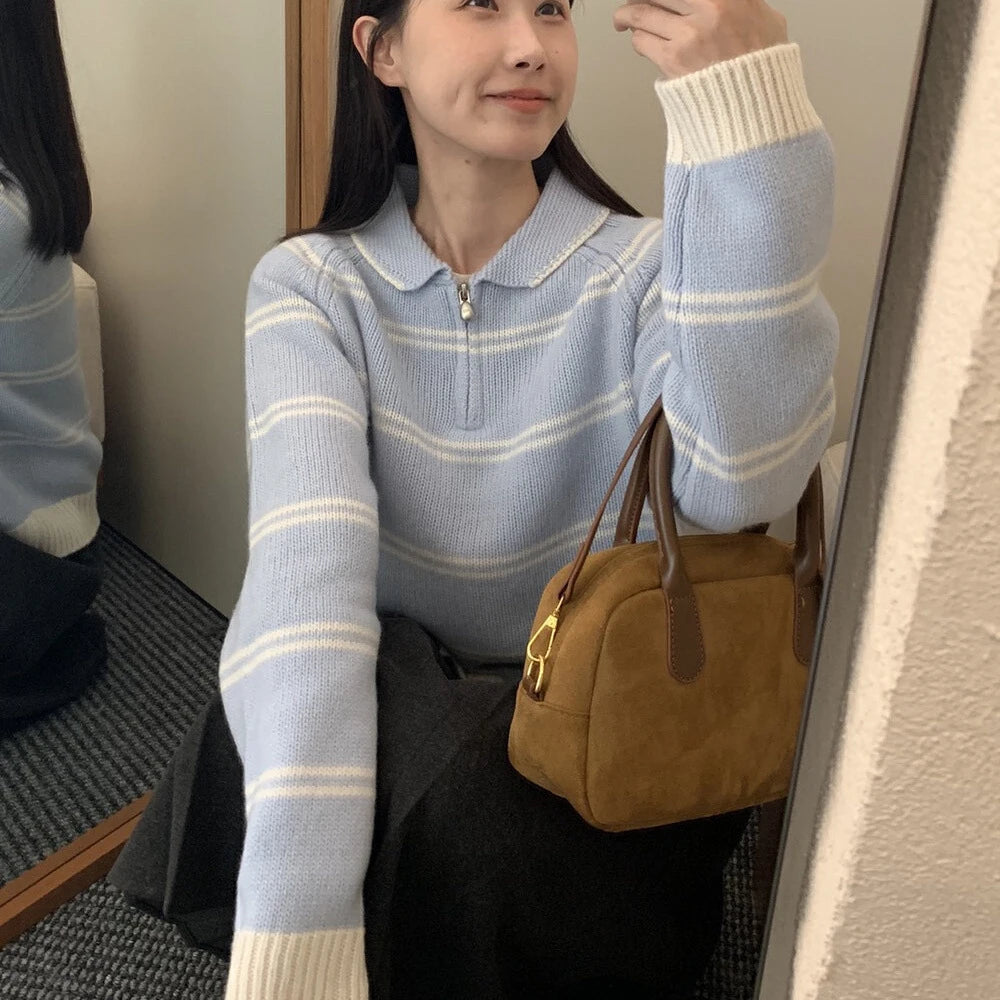 Hnewly  Stripe Short Sweater Women's Korean Style Autumn Winter 2025 New Fashion Contrast Color Knitwear Long Sleeve Pullover Tops