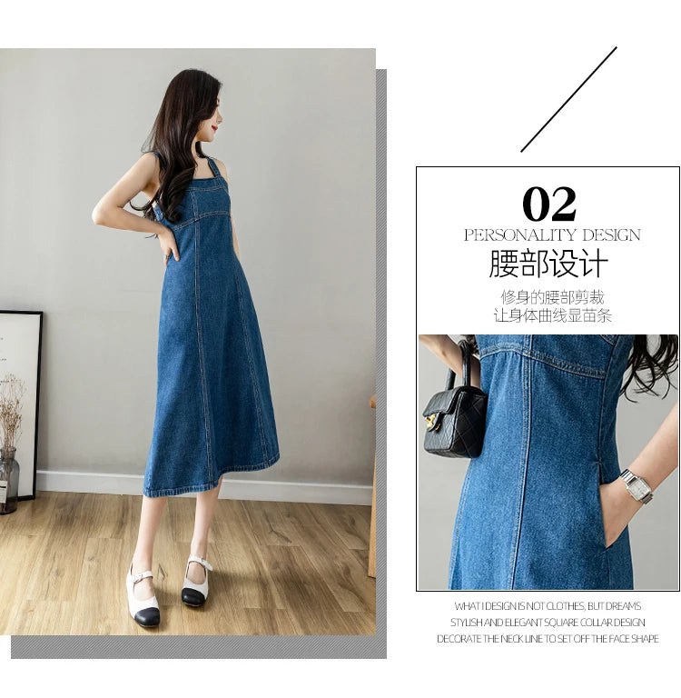 Hnewly  Denim Spaghetti Strap Dress New Summer Women's Retro Strap A-Line Dress Classic Blue Tea-Length Versatile Slim Sun Dresses