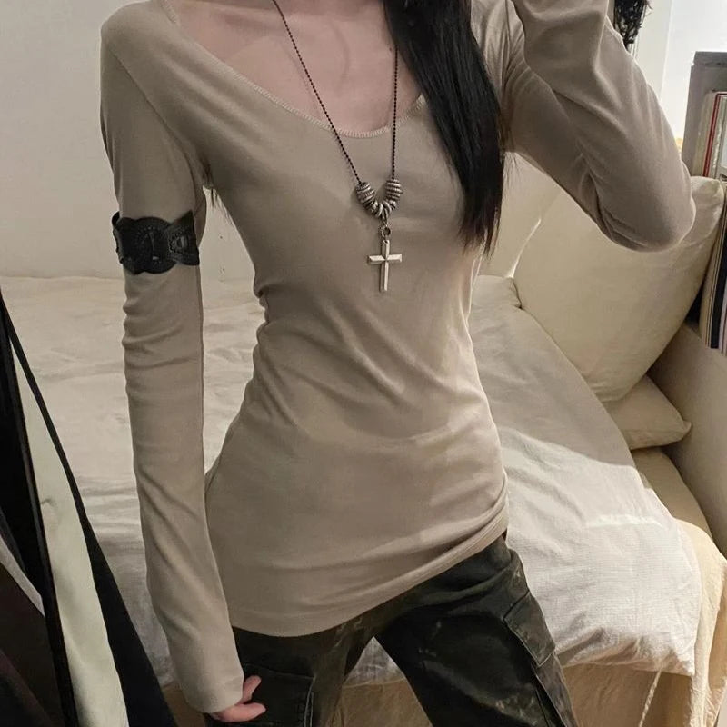 Hnewly y2k Grunge Tops Women Fairycore Clothes Contrast Cross Off Shoulder Long Sleeve T Shirts 2000s Goth Clothing Streetwear
