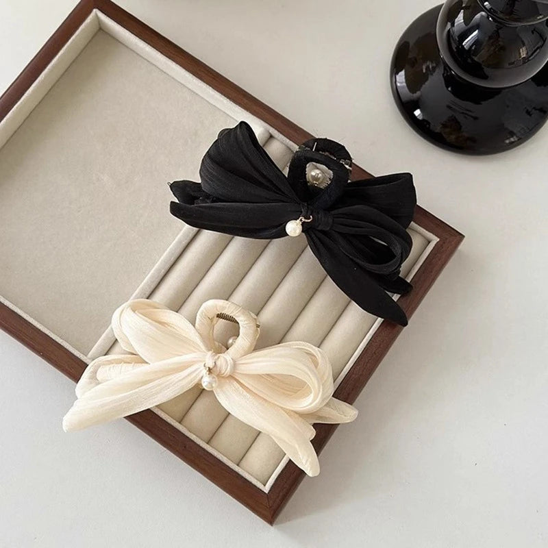 Hnewly New Vintage Black White Bow Hair Claw Clips Women Large Fashion Korean Bowknot Hairpins Crab Ponytails Hair Accessories Female