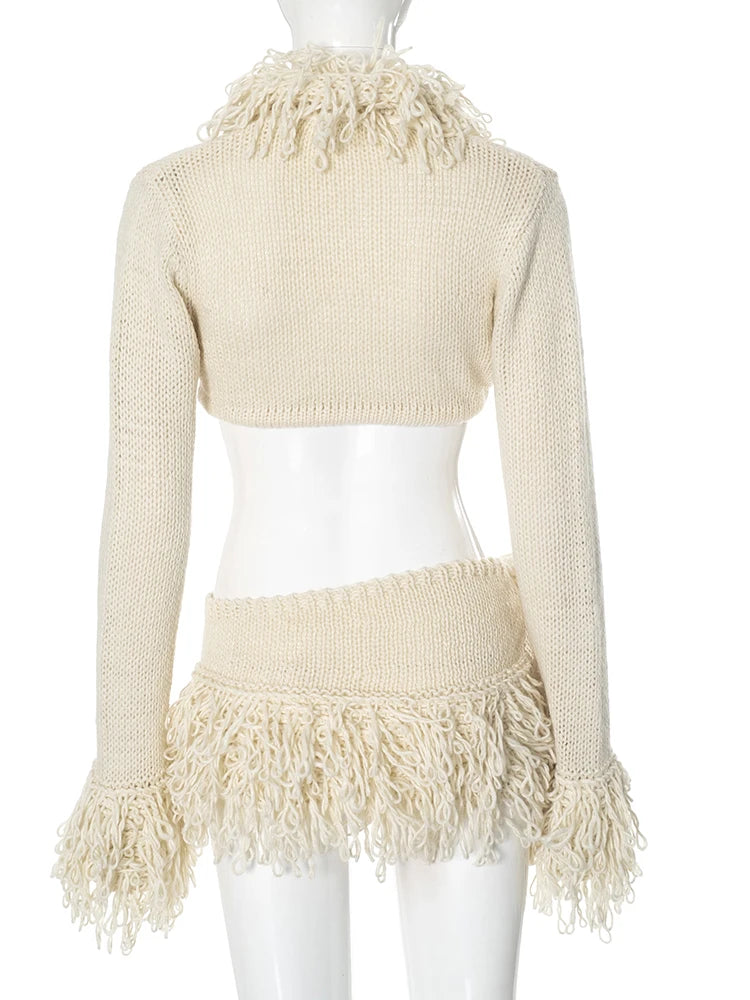 Hnewly Crochet Tassel 2 Piece Set Women  Lace-Up Cardigan Full Sleeve Crop Tops+Irregular Slits Mini Skirt Sexy Hipster Suit
