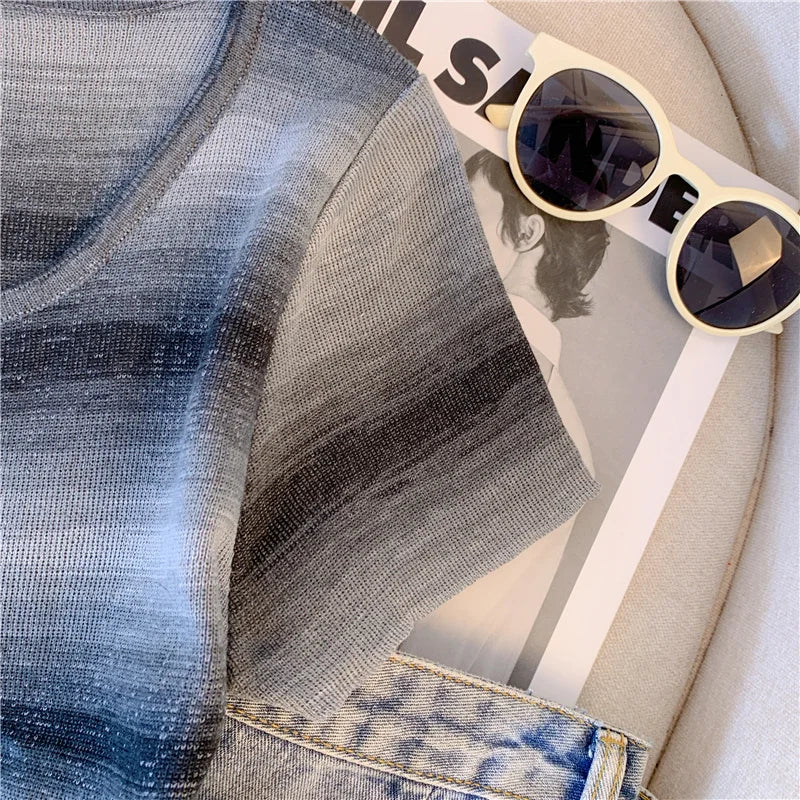 Hnewly  Contrast Striped T-shirt For Women's Summer Knitted Short Sleeved Tee  Cool Girls Fashion High Street Square Collar Short Top