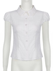 Hnewly Elegant Fashion Solid Stripped Blouse Basic Slim Turn-Down Collar Short Puff Sleeve Shirts Women 2024 Summer Office Lady