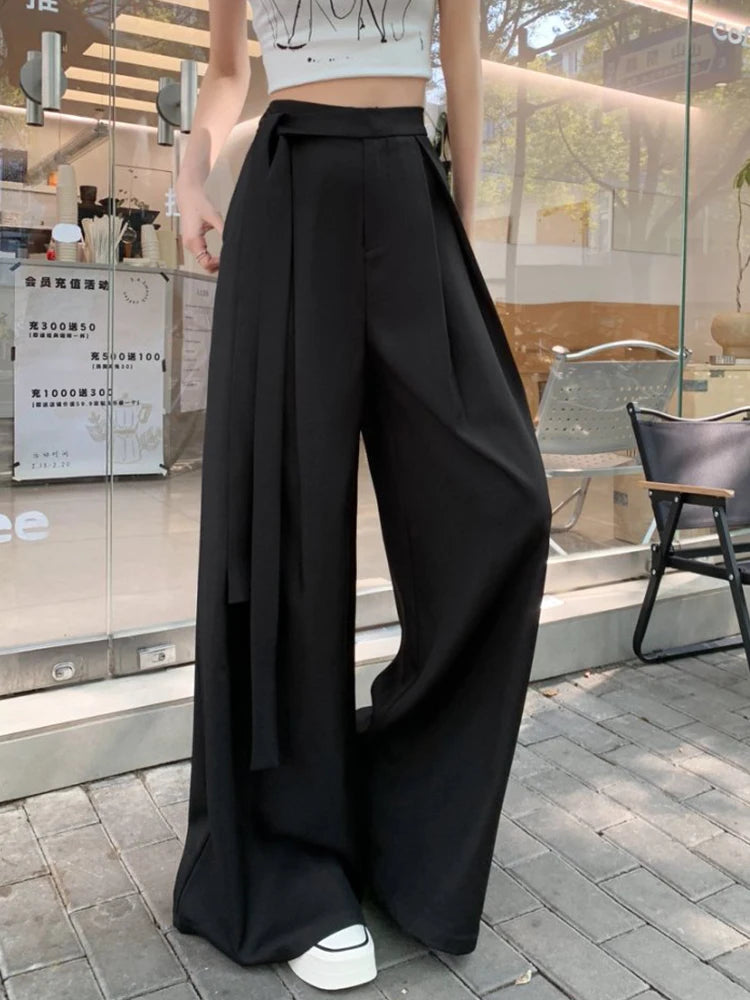 Hnewly  Elegant Office Suits Pants for Women with Sashes High Waisted Wide Leg Baggy Blazer Pants with Pocket Beige Black Khaki