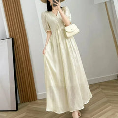 Hnewly  Women Vintage Fashion High Waist Elegant Party Long Dresses Summer V Neck Short Sleeve Solid Vacation Beach Maxi Dress Vestidos