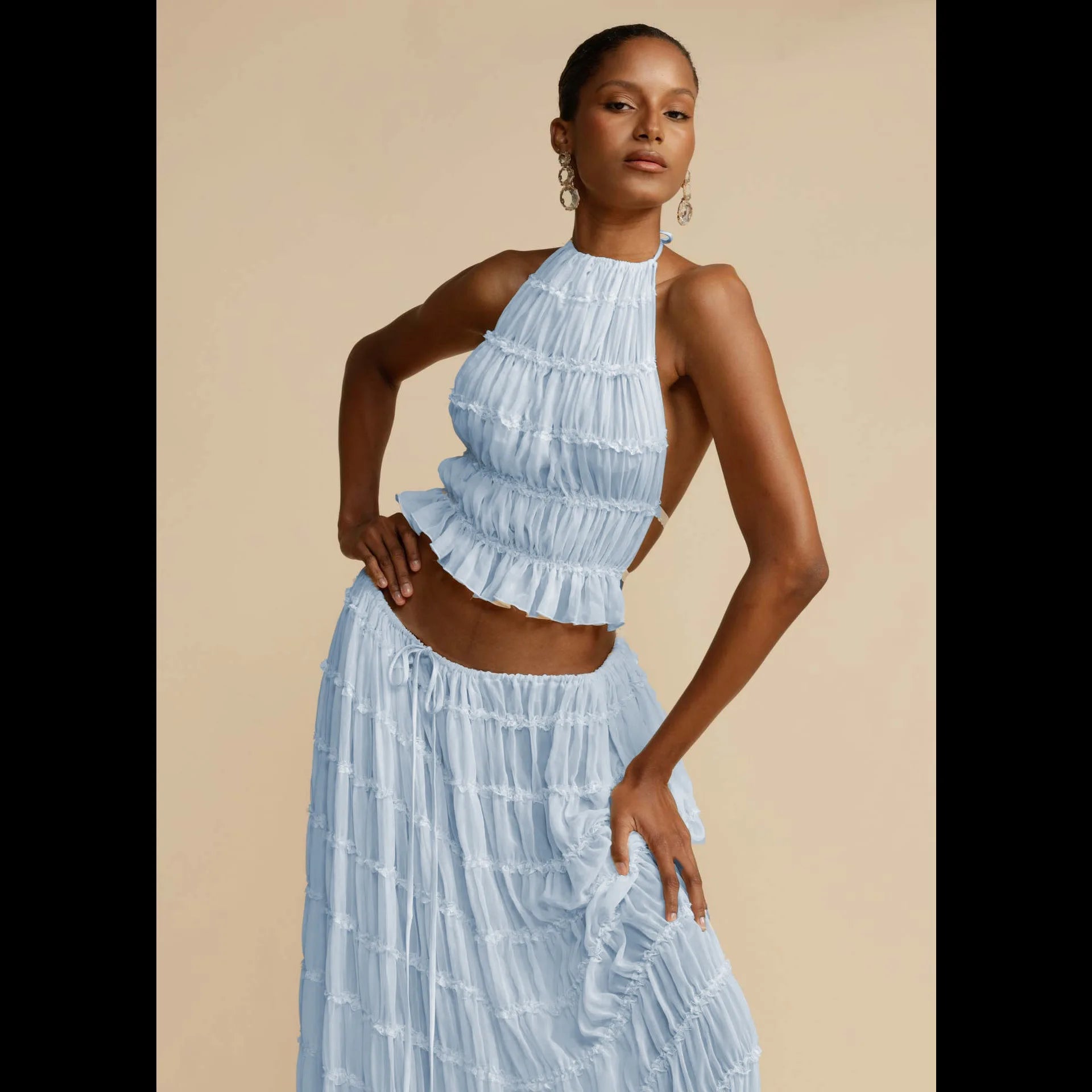 Hnewly Fashion Sexy Halter Neck Strap Vest Women's Aesthetic Lace Pleated Long Skirt Suit Spring Summer