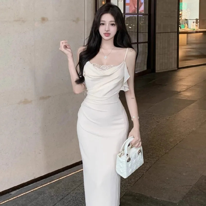Hnewly  Woman Dress Sleeveless Lace Patchwork Slim Backless Sweet Elegant Temperament Party Dresses Sexy Ladies Fashion