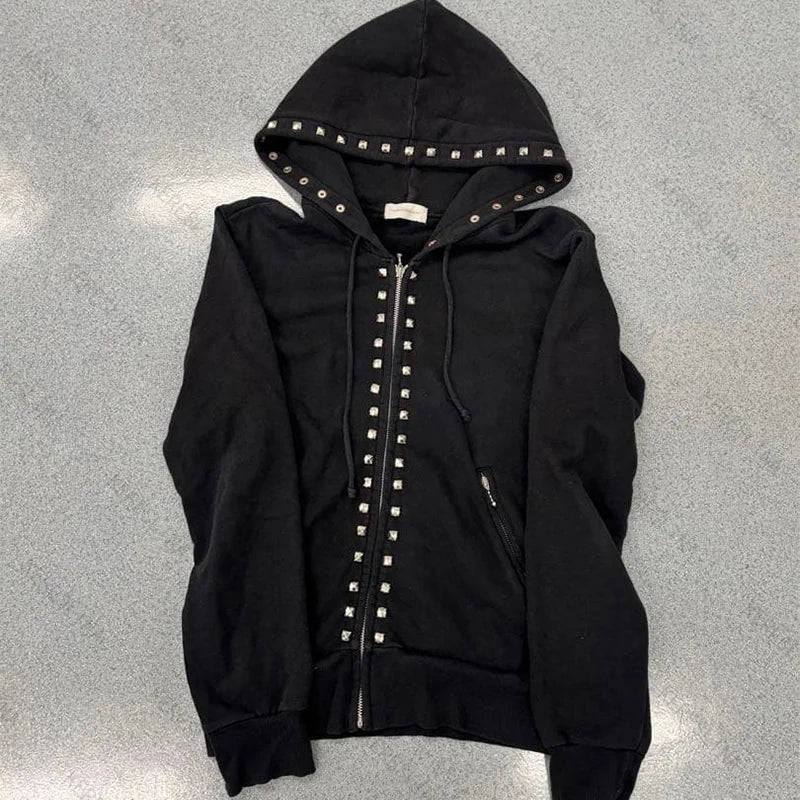 Hnewly  American Retro Gothic Rivet popular Casual High street trendy fashion hooded subculture comfortable versatile zipper sweatshirts