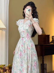 Hnewly  Sweet Elegant Long Floral Dress Women Casual Vintage Lace Korean Fairy Dress Female Summer Beach Luxury Evening Party Dress
