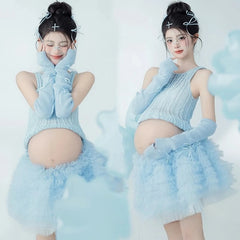 Hnewly  Women Maternity Dress Set Sky Blue Top with Tutu Skirt for Lady Studio Photoshoot Home Photography Clothing Dresses Clothes