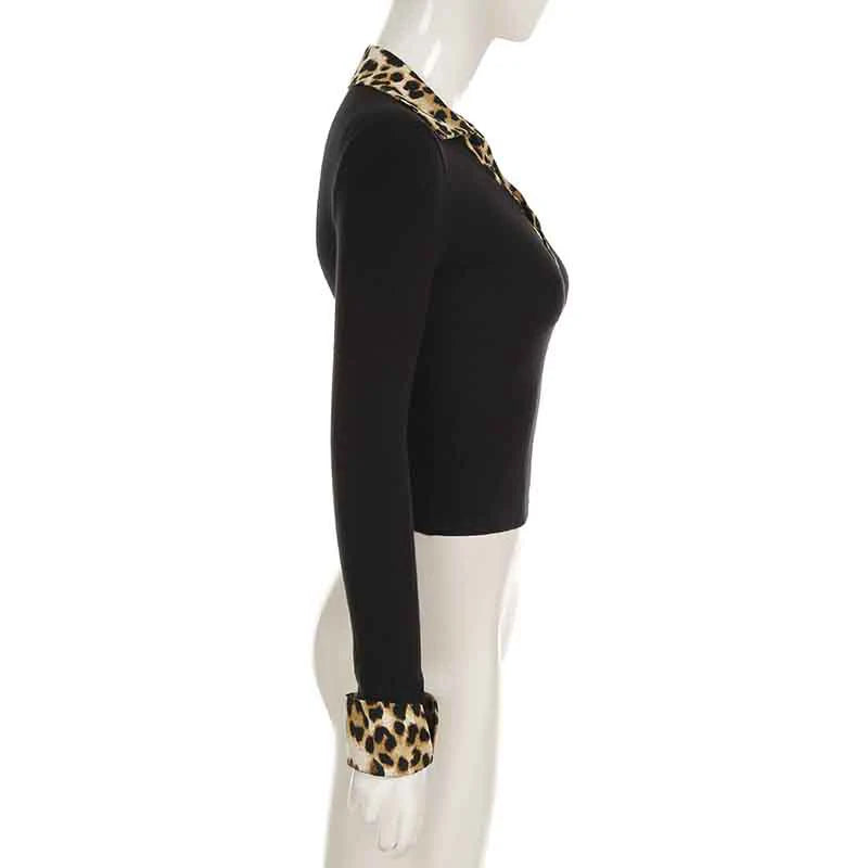 Hnewly y2k Tops Women Fairycore Clothes Sexy Leopard Print Lapel Collar Long Sleeve T Shirts 2000s Grunge Clothing Streetwear