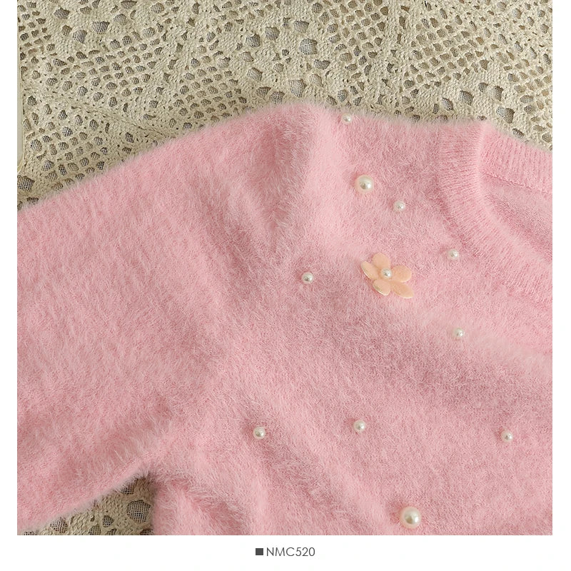 Hnewly  Women's Short Sweater Autumn Winter Fashion Beaded Slim Long Sleeve Pullover Korean Versatile O-neck Loose Knitted Tops