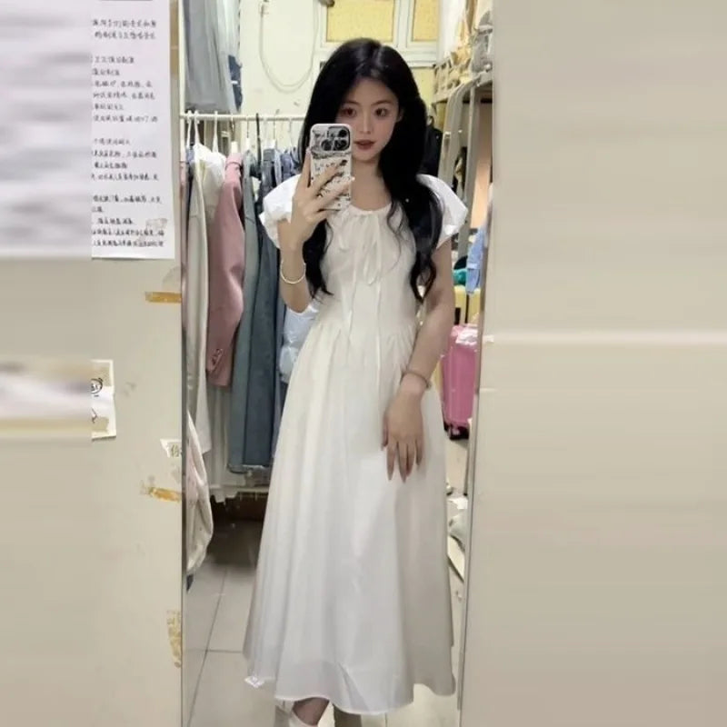 Hnewly  Woman Dress Puff Short Sleeve Lace Up French Style Chic Summer Fashion Temperament Elegant Party Dresses Female Casual