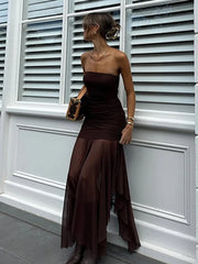Hnewly  Mesh Splice Strapless Long Dress For Women sexy One Shoulder Evening Party Dress Sleeveless Slim Summer New Female Dress