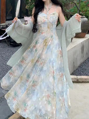 Hnewly Vintage Floral Spring Summer Dress For Women Casual Sleeveless Elegant Chic Party Beach Holiday Vestidos Female Clothes New Robe