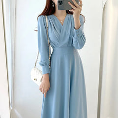 Hnewly Harajuku V-neck Puff Sleeve A-line Maxi Dresses for Woman Women Solid Color Midi Robe Korean Office Dresses Elegant Spring