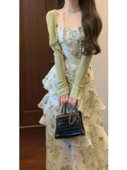 Hnewly  Elegant Floral Slim Waist Ruffles Camisole Cake Dress+ Summer Long Sleeve Cardigan Coat Women New Two Piece Sets