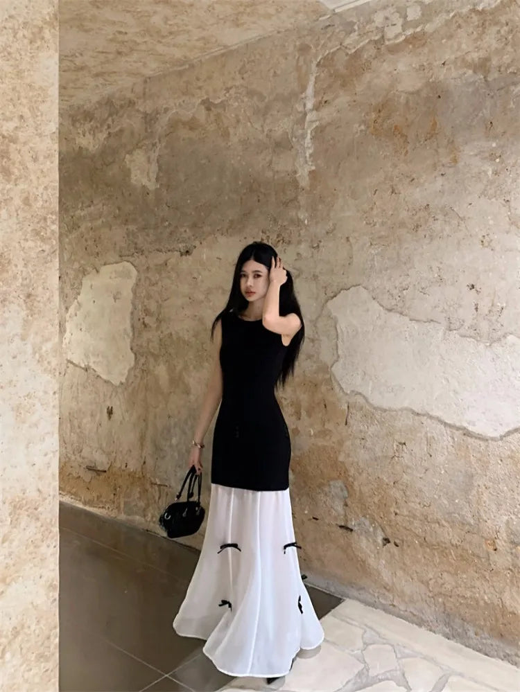 Hnewly  Sleeveless Dresses Women Bow Patchwork O Neck Vintage Mesh Summer Fashion Elegant Dress Party Female Casual Chic