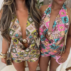 Hnewly  Women Shiny Sequins Shorts Set Beach Vacation Backless Halter Crop Top + Micro Bodycon Shorts Festival Rave Club 2 Piece Outfit